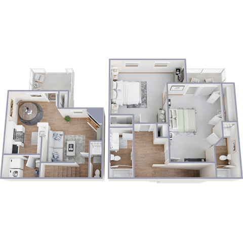 Floor plan for 2 beds, 2.5 baths, 1009 sqft